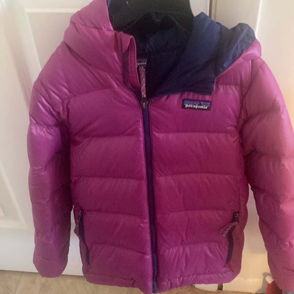 Patagonia Purple Puffer Jacket with Hood and Quilted Design